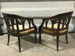 Pair of 2x solid oak captains style tub chairs dining library carved upholstered