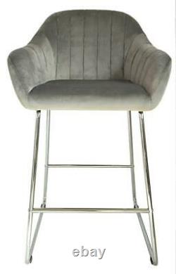 Pair of GREY Velvet High Bar Chairs StoolS Kitchen/Dining/Breakfast Bar Chairs