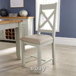 Pair of Grey Solid Wood Cross Back Dining Chairs With Upholstered Fabric Seat
