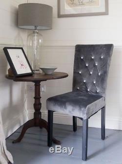 Pair of Grey Velvet Rhinestone Diamante Upholstered Dining Chairs