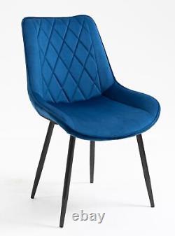 Pair of Linen Fabric Upholstered Dining Chair / Padded Seat / Metal Leg / Blue