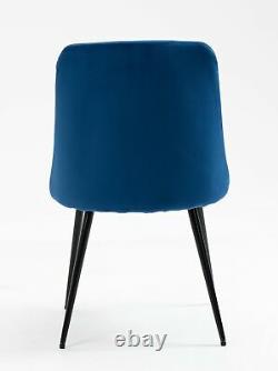 Pair of Velvet Fabric Upholstered Dining Chair / Padded Seat / Metal Leg / Blue