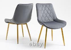 Pair of Velvet Fabric Upholstered Dining Chair / Padded Seat / Metal Leg / Grey