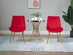 Pair of Velvet Fabric Upholstered Dining Chair / Padded Seat / Metal Leg / Red