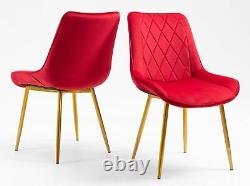 Pair of Velvet Fabric Upholstered Dining Chair / Padded Seat / Metal Leg / Red