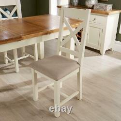 Pair of White Solid Wood Cross Back Dining Chairs With Upholstered Fabric Seat
