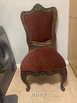 Pair of antique Baroque upholstered hand carved dining chairs