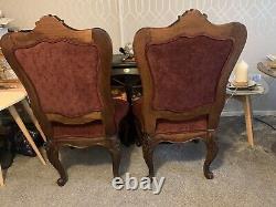 Pair of antique Baroque upholstered hand carved dining chairs