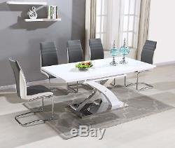 Pescara High Gloss Dining Table Set and 6 Upholstered Grey Chairs