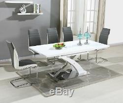 Pescara High Gloss Dining Table Set and 6 Upholstered Grey and White Chairs