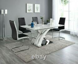 Pescara High Gloss Dining Table Set and 6 Upholstered Grey and White Chairs