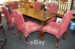 Quality Oak Refectory Table & 6 Carved Mahogany Upholstered Dining Chairs