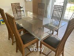 Raft Teak Root Base Glass Dining Table with 6 Teak upholstered chairs
