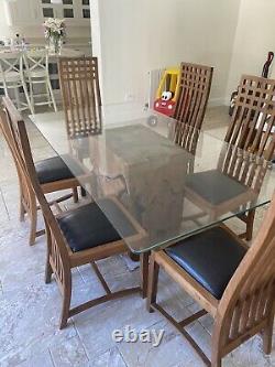 Raft Teak Root Base Glass Dining Table with 6 Teak upholstered chairs