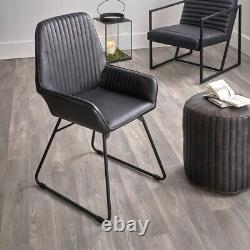 Retro Leather Dining Chair Dark Grey Upholstered Padded Seat Living Room Chairs