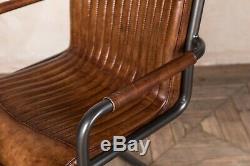 Retro Style Tan Leather Upholstered Dining Chair With Armrest Vintage Finish