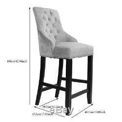 Retro Velvet Upholstered Breakfast Bar Stool Dining Kitchen High Back Chair Grey