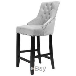 Retro Velvet Upholstered Breakfast Bar Stool Dining Kitchen High Back Chair Grey