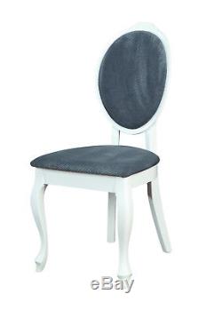 Round Dining Table and 4 Chairs Set in White Wood Grey Fabric Upholstered Seat