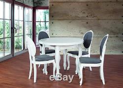 Round Dining Table and 4 Chairs Set in White Wood Grey Fabric Upholstered Seat