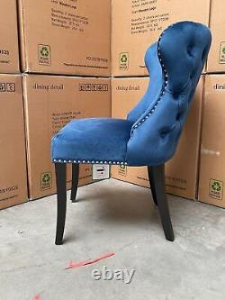 Royal Blue Velvet Chesterfield Dining Chair Black Legs Deep Pleated Button Back