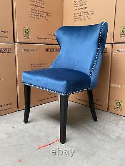 Royal Blue Velvet Chesterfield Dining Chair Black Legs Deep Pleated Button Back