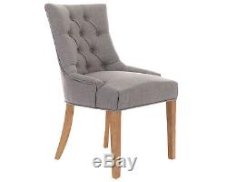 Scoop Button Back Dining Chair in Grey Linen with Oak Legs Upholstered Furniture