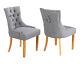 Scoop Dining Chairs Grey Linen With Button Back Chrome Knocker Oak Legs