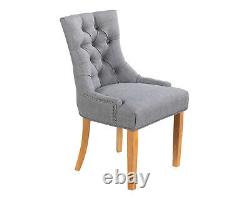 Scoop Dining Chairs Grey Linen With Button Back Chrome Knocker Oak legs