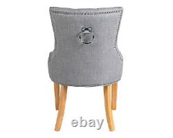 Scoop Dining Chairs Grey Linen With Button Back Chrome Knocker Oak legs