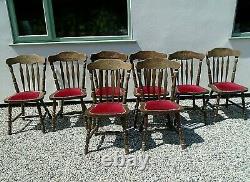 Set 8 Vintage Carved Oak Slat Back Farmhouse Kitchen Dining Chairs Upholstered