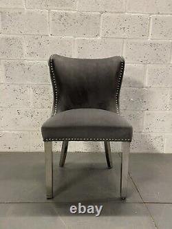 Set Of 4 Amalfi Dark Grey Velvet Dining Chair Metal Leg Lion Knocker Stud Detail
