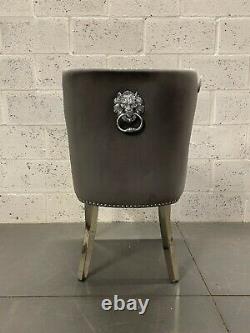 Set Of 4 Amalfi Dark Grey Velvet Dining Chair Metal Leg Lion Knocker Stud Detail