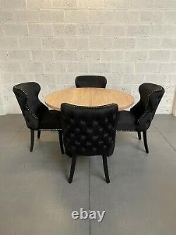 Set Of 4 Black Velvet Chesterfield Dining Chair Wood Legs Pleated Button Back