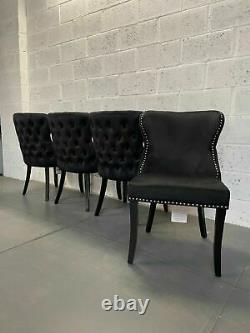 Set Of 4 Black Velvet Chesterfield Dining Chair Wood Legs Pleated Button Back