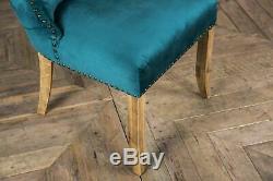 Set Of 4 Blue Teal Velvet Dining Chairs, Upholstered Side Chairs, Button Back