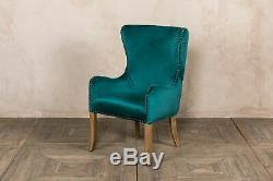Set Of 4 Blue Teal Velvet Dining Chairs With Armrests, Upholstered Carver Chairs