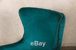 Set Of 4 Blue Teal Velvet Dining Chairs With Armrests, Upholstered Carver Chairs