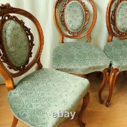 Set Of 4 French Style Upholstered Vintage Walnut Ornate Dining Chairs