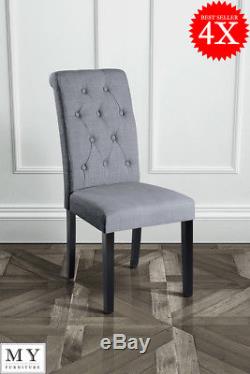Set Of 4 Genoa High Quality Upholstered Scroll Back Dining Chairs Grey Dark Legs