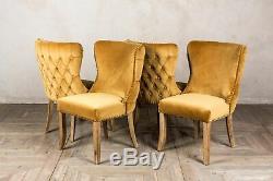 Set Of 4 Mustard Yellow Velvet Dining Chair, Upholstered Side Chair, Button Back