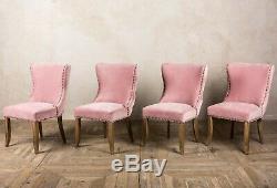 Set Of 4 Pink Velvet Dining Chairs, Upholstered Side Chairs, Button Back Chair