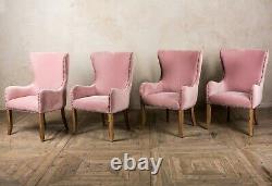 Set Of 4 Pink Velvet Dining Chairs With Armrests, Upholstered Carvers