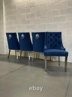 Set Of 4 Royal Blue Velvet Chelsea Dining Chair Silver Metal Legs Lion Knocker