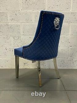 Set Of 4 Royal Blue Velvet Chelsea Dining Chair Silver Metal Legs Lion Knocker