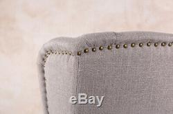 Set Of 4 Stone Grey Linen Upholstered Dining Chairs French Style Button Back