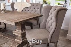 Set Of 4 Stone Grey Linen Upholstered Dining Chairs French Style Button Back