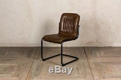 Set Of 4 Upholstered Dining Chairs In Vintage Brown Faux Leather Metal Frame