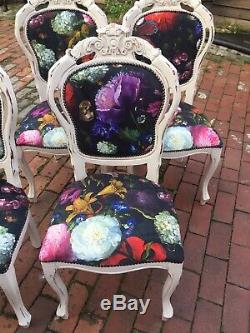 Set Of 4 Vintage Ornate Newly Upholstered And Distressed Floral Dining Chairs