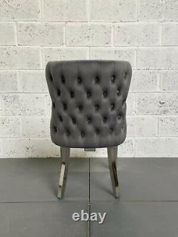 Set Of 6 Chesterfield Dark Grey Velvet Dining Chair Buttoned Polished Metal Legs